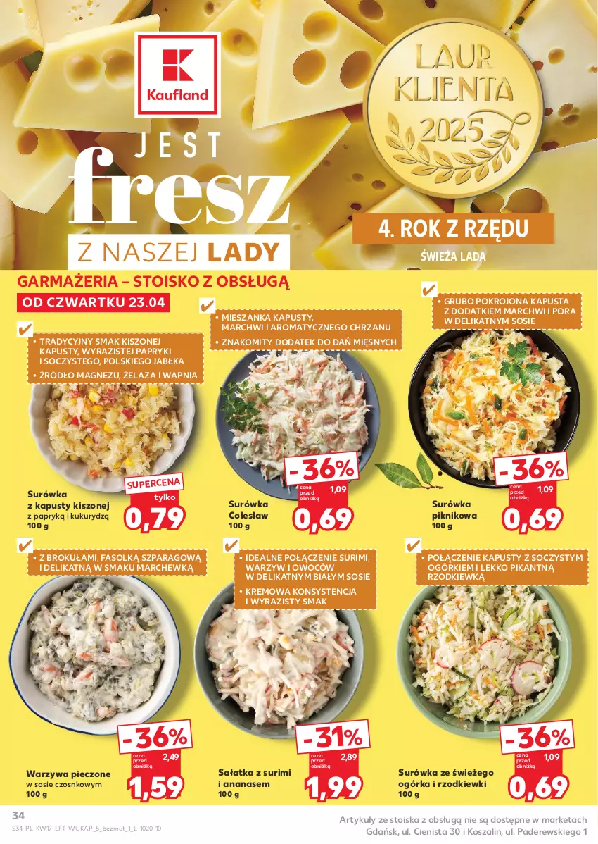 Gazetka promocyjna Kaufland - Gazetka tygodnia - ważna 23.04 do 28.04.2026 - strona 34 - produkty: Ananas, Chrzan, Fa, Jabłka, Kosz, Magnez, Piec, Por, Sałat, Sałatka, Sos, Surimi, Surówka, Surówka coleslaw, Szal, Warzywa