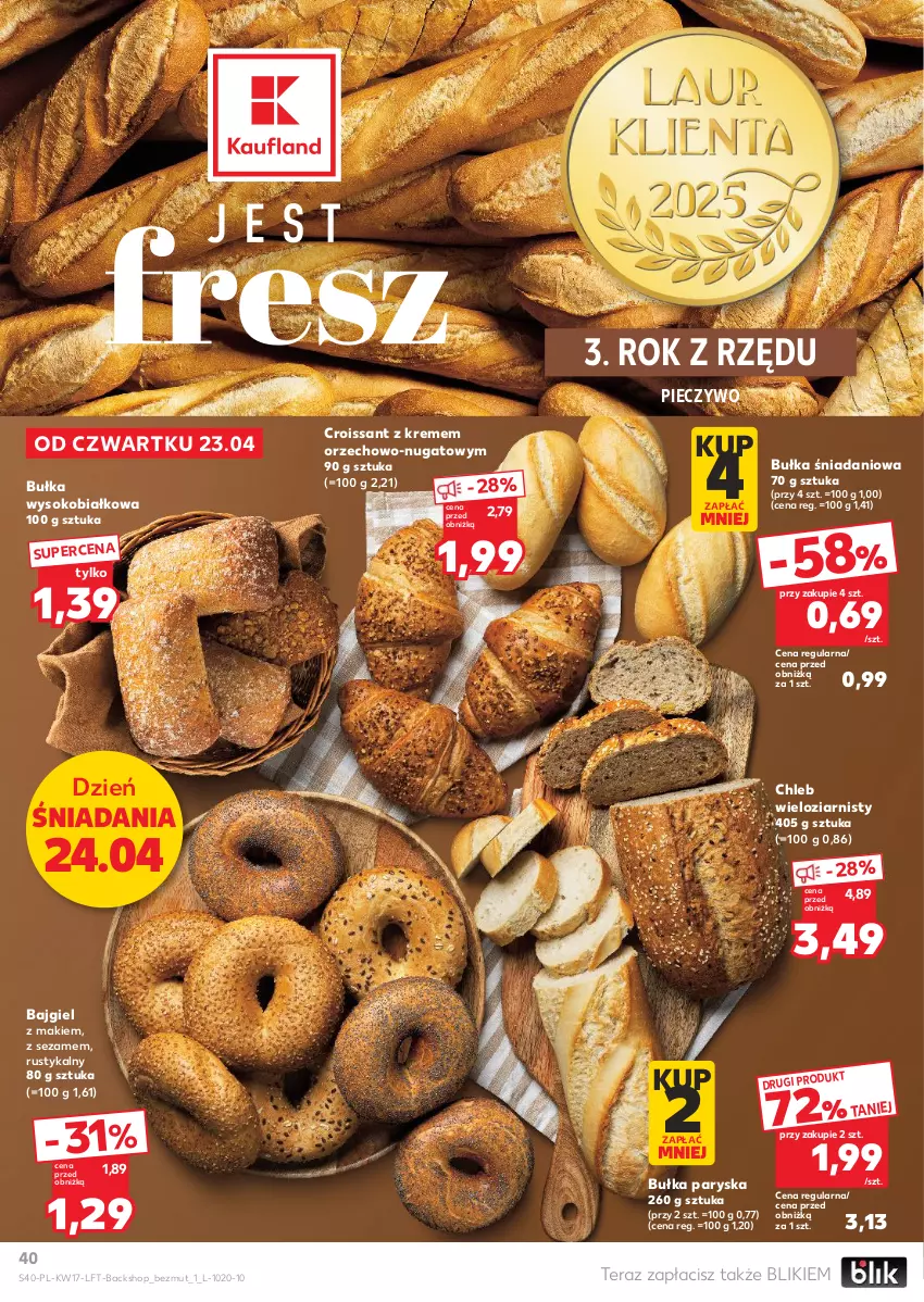 Gazetka promocyjna Kaufland - Gazetka tygodnia - ważna 23.04 do 28.04.2026 - strona 40 - produkty: Bułka, Chleb, Chleb wieloziarnisty, Croissant, Danio, Piec, Pieczywo, Rust, Sezam, Sok, Tera