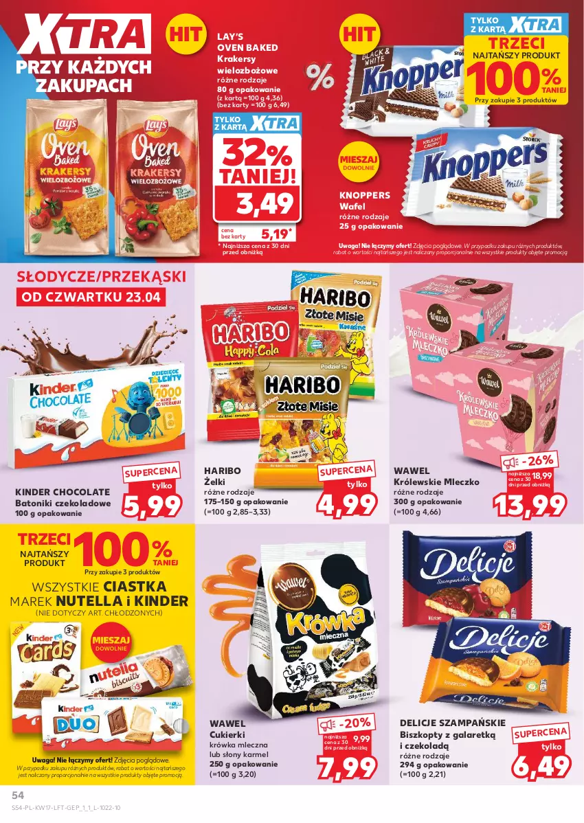 Gazetka promocyjna Kaufland - Gazetka tygodnia - ważna 23.04 do 28.04.2026 - strona 54 - produkty: Baton, Biszkopty, Ciastka, Cukier, Cukierki, Delicje, Gala, Haribo, Kinder, Knoppers, Krakersy, Królewski, Królewskie Mleczko, Lay’s, Mleczko, Nutella, Por, Tonik, Waga, Wawel