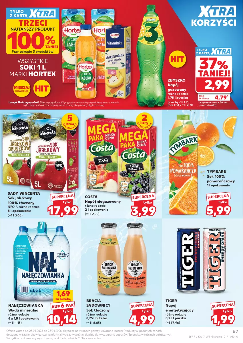 Gazetka promocyjna Kaufland - Gazetka tygodnia - ważna 23.04 do 28.04.2026 - strona 57 - produkty: Hortex, Nałęczowianka, Napój, Napój gazowany, Napój niegazowany, Por, Sok, Sok jabłkowy, Tiger, Tran, Tymbark, Waga, Woda, Woda mineralna