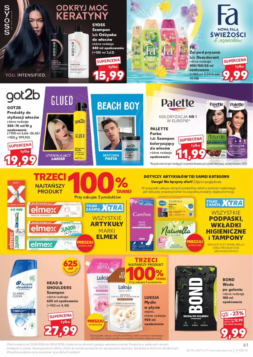 Gazetka promocyjna Kaufland - Gazetka tygodnia - ważna 23.04 do 28.04.2026 - strona 61 - produkty: Bell, Bella, Dezodorant, Elmex, Fa, Got2b, Luksja, Mydło, Mydło w płynie, Odżywka, Palette, Podpaski, Por, Syoss, Szampon, Tampony, Waga, Wkładki, Woda, Woda po goleniu