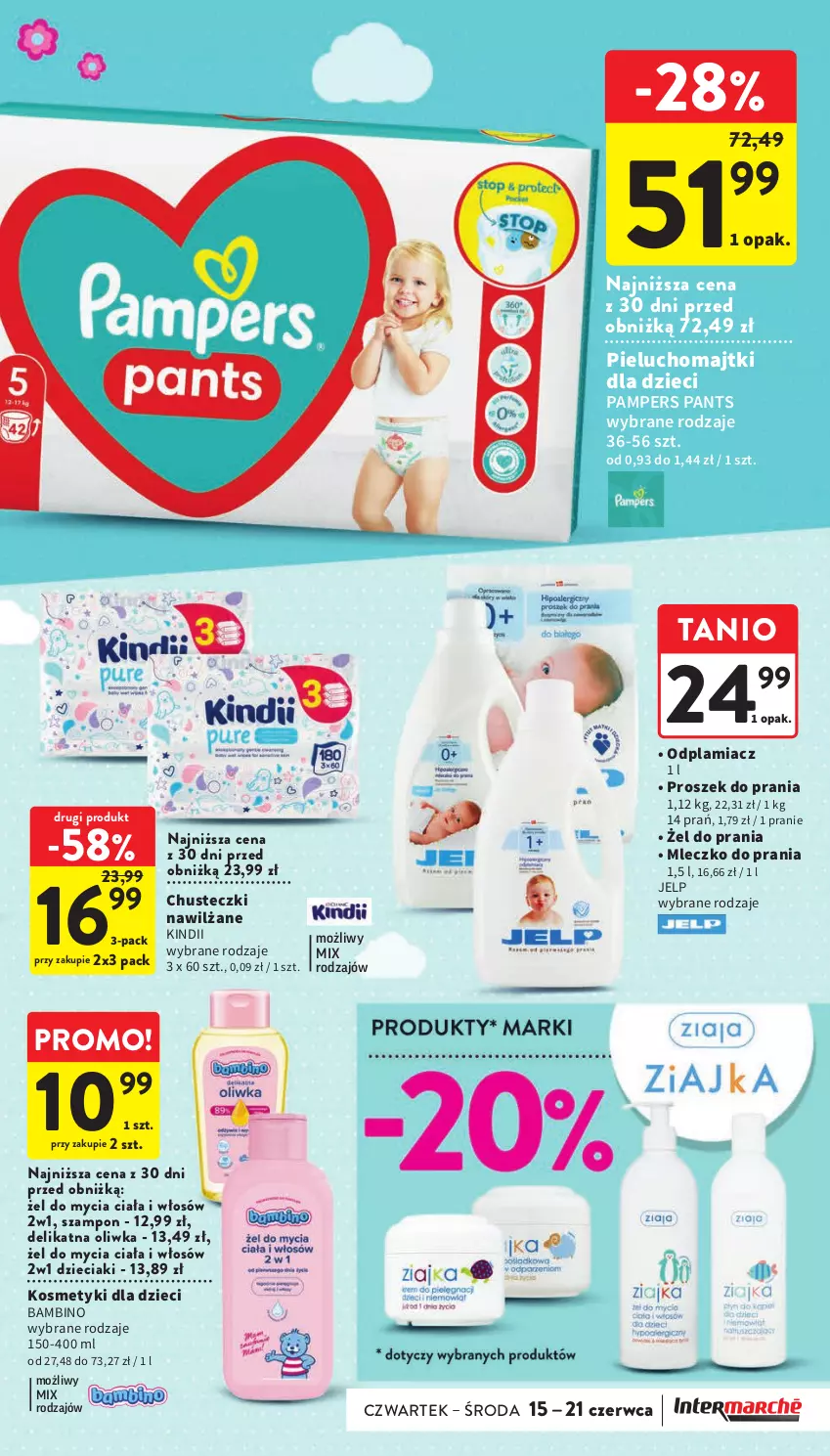 Gazetka promocyjna Intermarche - Gazetka Intermarche - ważna 15.06 do 21.06.2023 - strona 29 - produkty: Chusteczki, Dzieci, Kindii, Kosmetyki dla dzieci, Majtki, Mleczko, Mleczko do prania, Odplamiacz, Pampers, Pieluchomajtki, Proszek do prania, Szampon