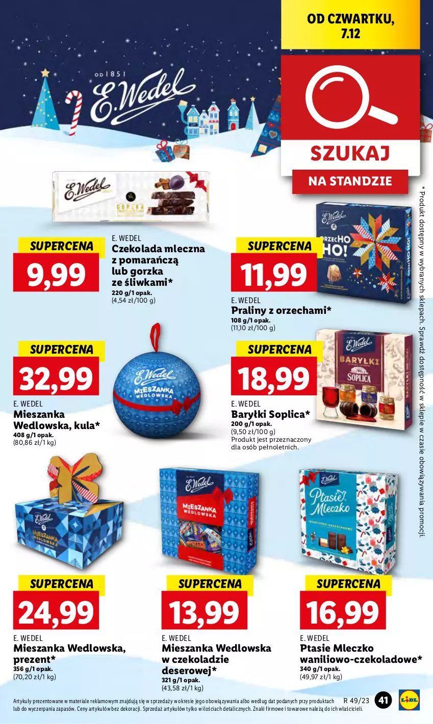 Gazetka promocyjna Lidl - GAZETKA - ważna 07.12 do 10.12.2023 - strona 43 - produkty: Baryłki, Czekolada, Czekolada mleczna, Deser, E. Wedel, Mieszanka wedlowska, Mleczko, Praliny, Ptasie mleczko, Ser, Soplica