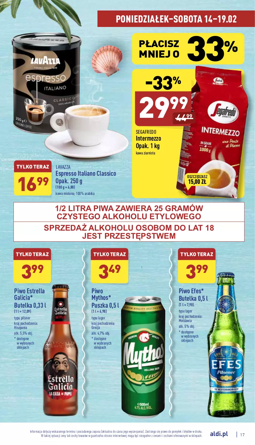 Gazetka promocyjna Aldi - Pełny katalog - ważna 14.02 do 19.02.2022 - strona 17 - produkty: Gra, Kawa, Kawa mielona, Kawa ziarnista, Lavazza, Piwa, Piwo, Segafredo, Tera