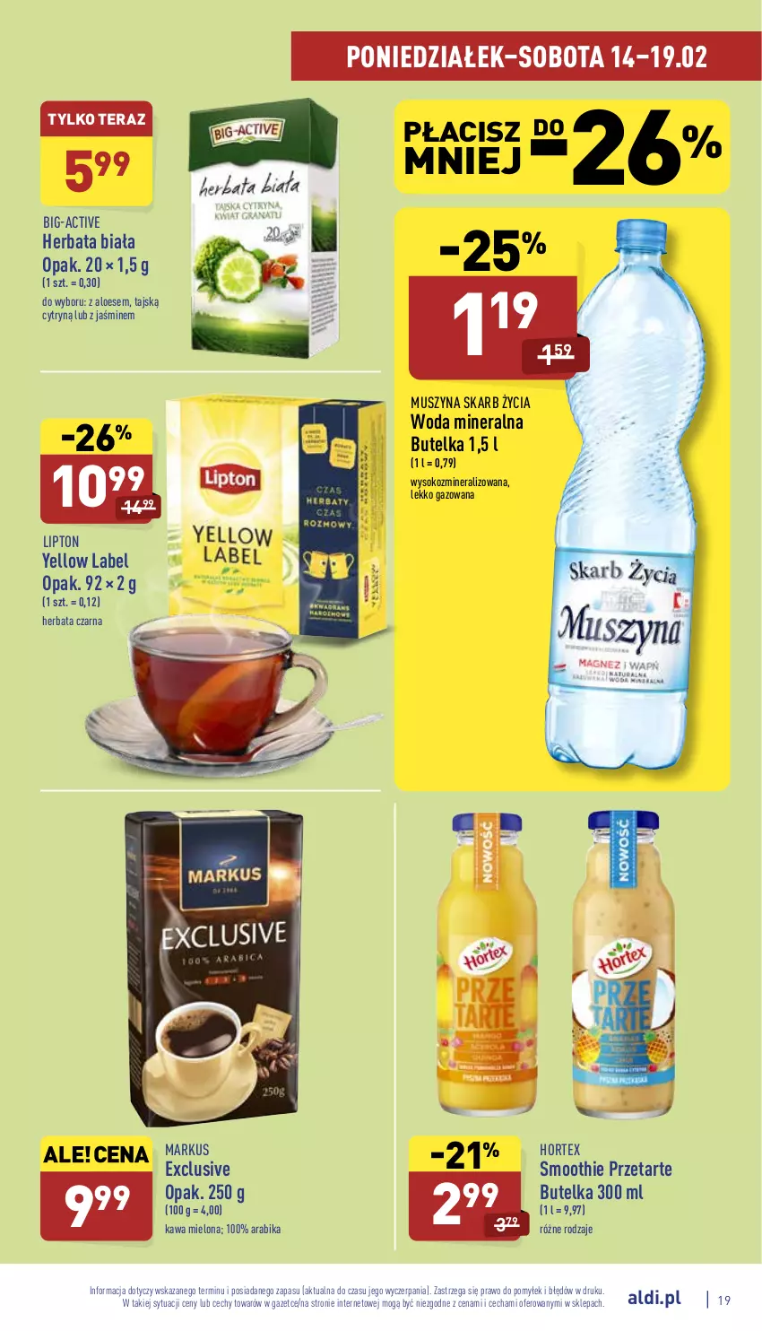 Gazetka promocyjna Aldi - Pełny katalog - ważna 14.02 do 19.02.2022 - strona 19 - produkty: Herbata, Herbata czarna, Hortex, Kawa, Kawa mielona, Lipton, Mus, Smoothie, Sok, Szyna, Tera, Woda, Woda mineralna