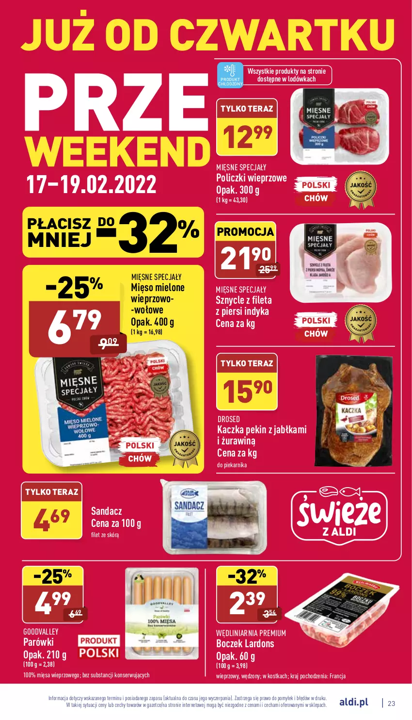 Gazetka promocyjna Aldi - Pełny katalog - ważna 14.02 do 19.02.2022 - strona 23 - produkty: Boczek, Jabłka, Kaczka, Lodówka, Mięsne specjały, Mięso, Mięso mielone, Parówki, Piekarnik, Sandacz, Ser, Tera