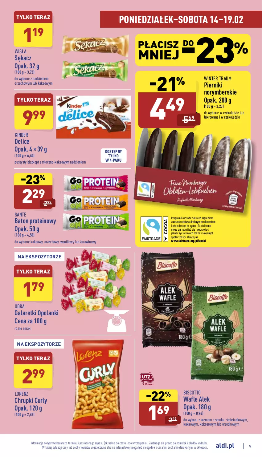 Gazetka promocyjna Aldi - Pełny katalog - ważna 14.02 do 19.02.2022 - strona 9 - produkty: Baton, Chrupki, Fa, Gala, Galaretki, Gra, Kakao, Kinder, Kokos, Lanki, Lorenz, Piernik, Sante, Sękacz, Tera, Wafle, Wino