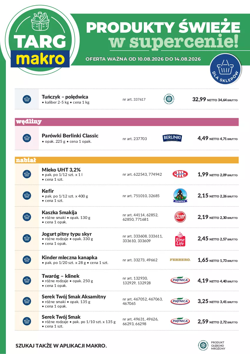 Gazetka promocyjna Makro - Targ MAKRO - oferta świeża w super cenach! - ważna 10.08 do 14.08.2026 - strona 7 - produkty: Aksam, Berlinki, Jogurt, Jogurt pitny, Kefir, Kinder, Mleczna kanapka, Mleko, Parówki, Polędwica, Ser, Serek, Smakija, Tuńczyk, Twaróg, Twój Smak