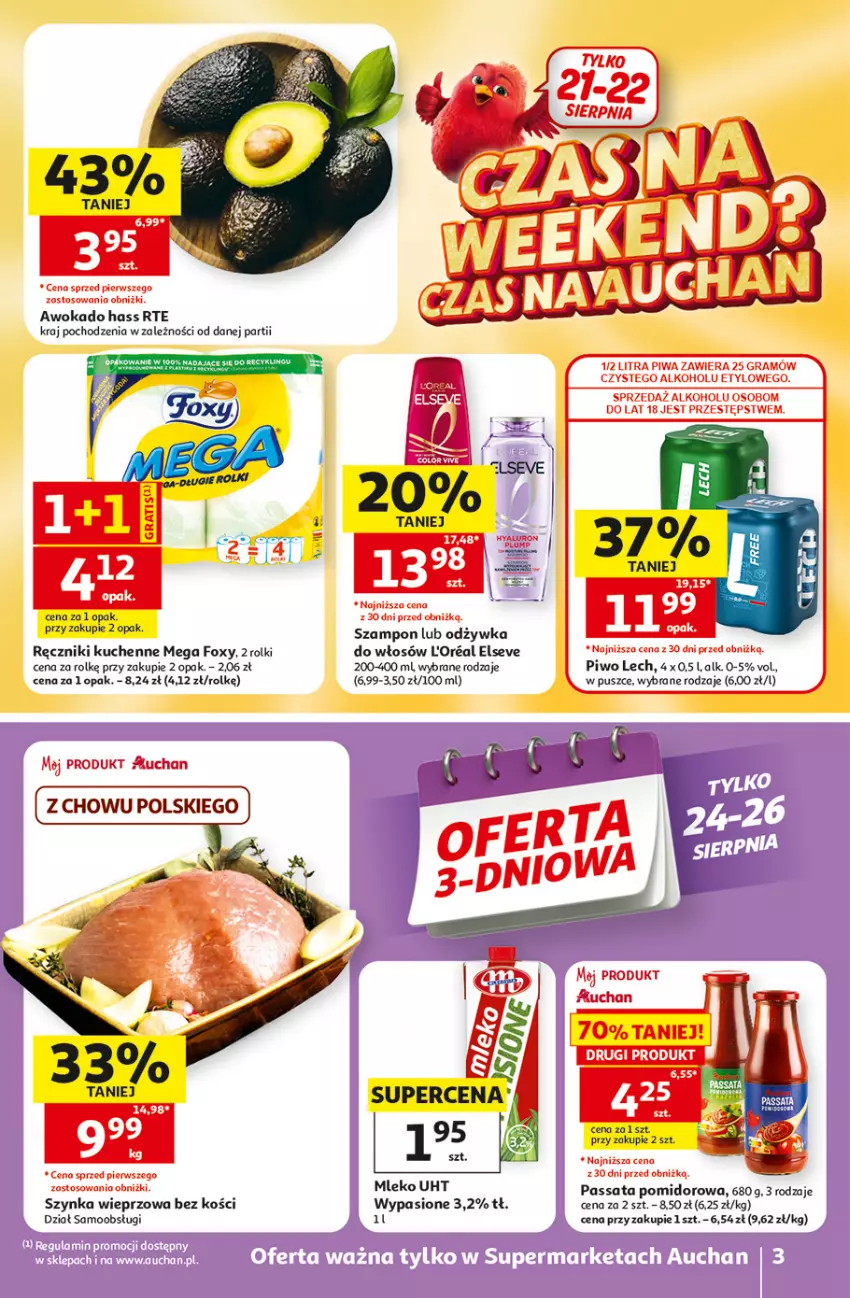 Gazetka promocyjna Auchan - 30 Lat Supermarket - ważna 20.08 do 26.08.2026 - strona 3 - produkty: Elseve, Foxy, Mleko, Odżywka, Piwo, Ręcznik, Rolki, Szampon, Szynka, Szynka wieprzowa