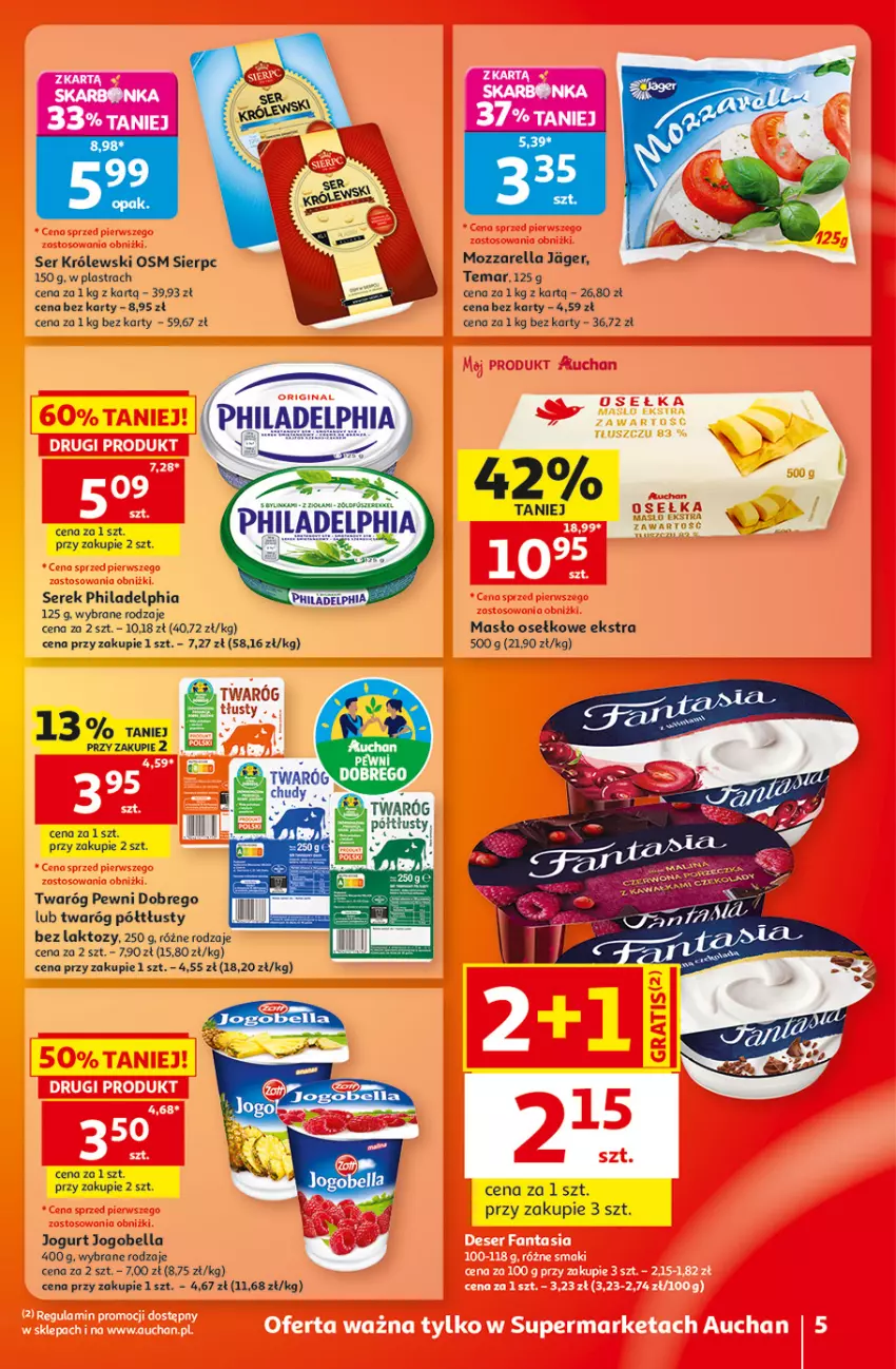 Gazetka promocyjna Auchan - 30 Lat Supermarket - ważna 20.08 do 26.08.2026 - strona 5 - produkty: Bell, Bella, Deser, Fa, Fanta, Gin, Jogobella, Jogurt, Królewski, Masło, Mozzarella, Philadelphia, Ser, Serek, Twaróg, Twaróg półtłusty