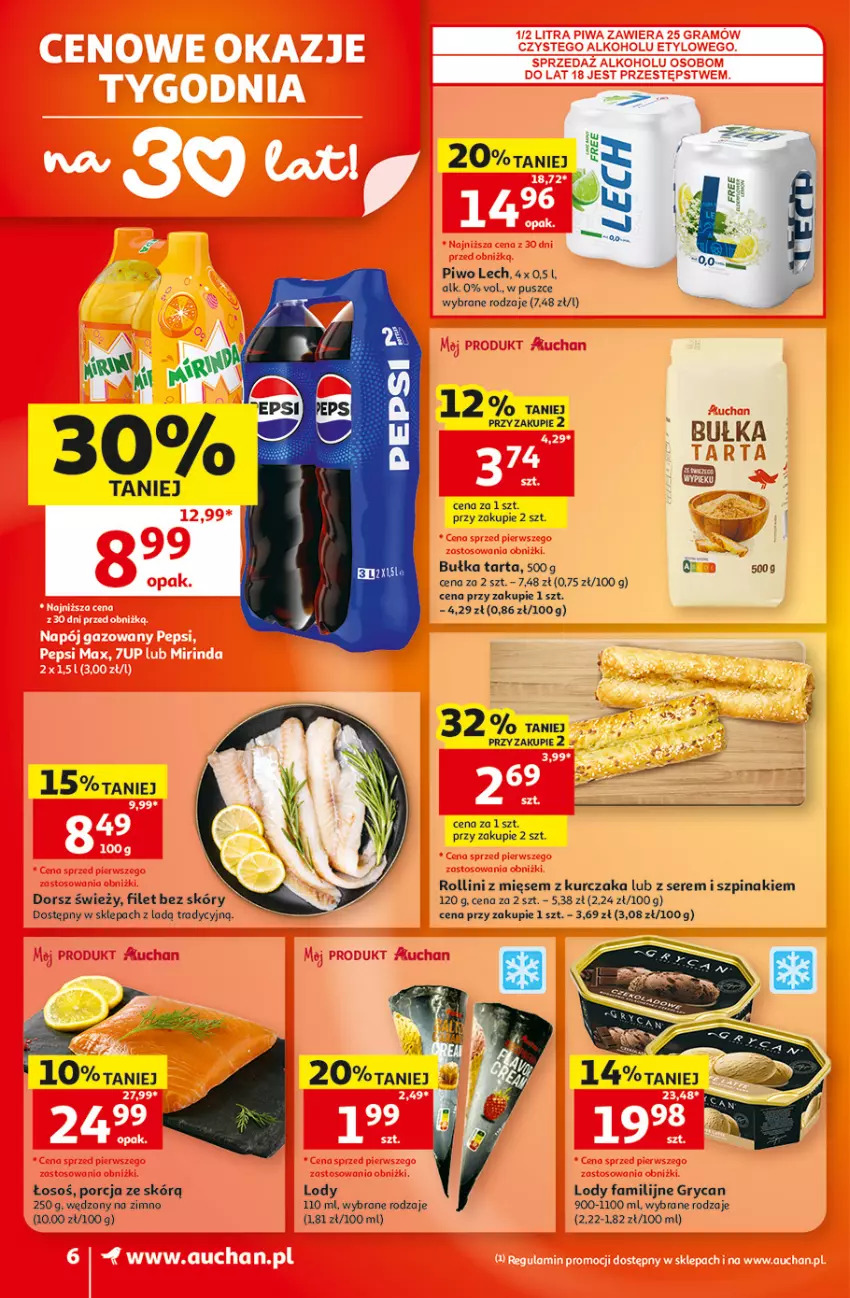 Gazetka promocyjna Auchan - 30 Lat Supermarket - ważna 20.08 do 26.08.2026 - strona 6 - produkty: Bułka, Bułka tarta, Dorsz, Fa, Gry, Kurczak, Lody, Piwo, Por, Ser, Szpinak, Tarta