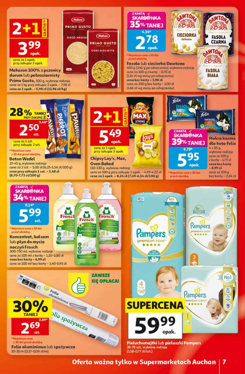 Gazetka promocyjna Auchan - 30 Lat Supermarket - ważna 20.08 do 26.08.2026 - strona 7 - produkty: Baton, Chipsy, Cieciorka, Dawtona, Fa, Fasola, Felix, Folia aluminiowa, Frosch, Makaron, Mokra karma, Orka, Pampers, Płyn do mycia, Por, Rum