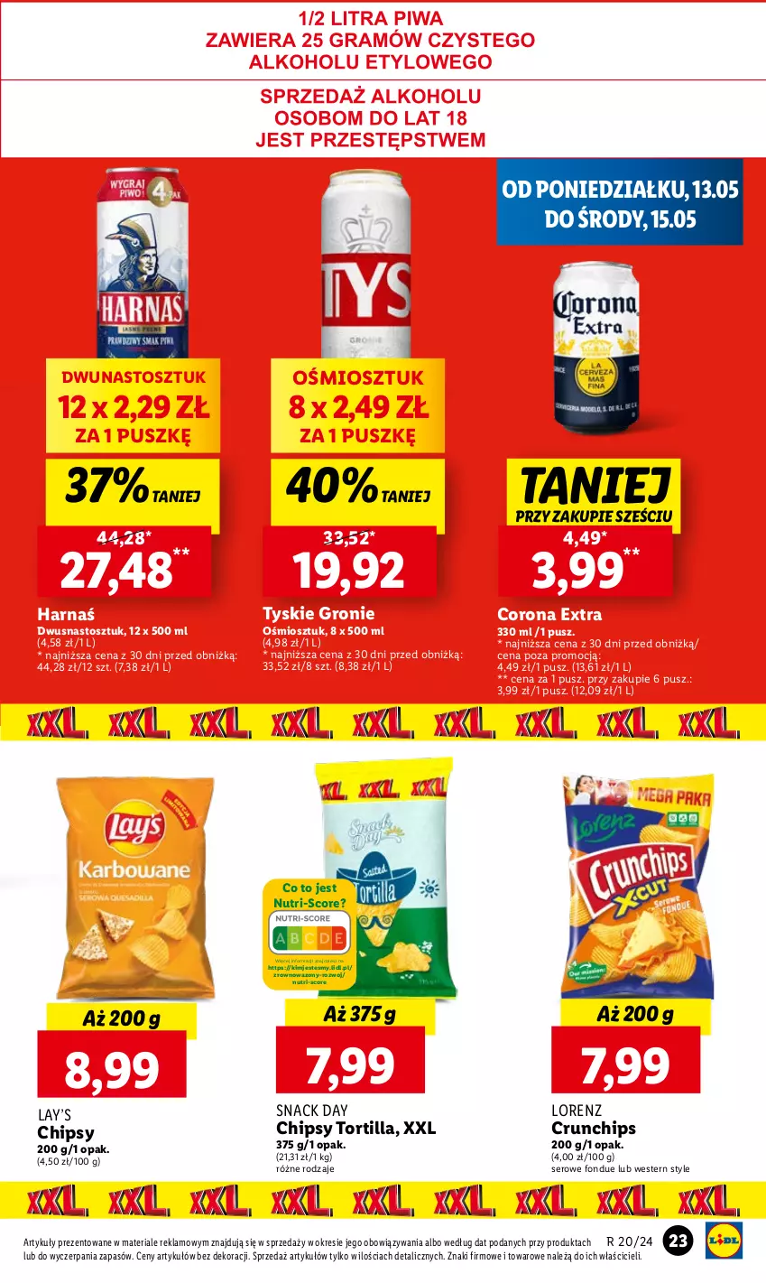 Gazetka promocyjna Lidl - GAZETKA - ważna 13.05 do 15.05.2024 - strona 25 - produkty: Chipsy, Corona Extra, Crunchips, Fondue, Harnaś, Lay’s, Lorenz, Ser, Tortilla, Tyskie, Wazon