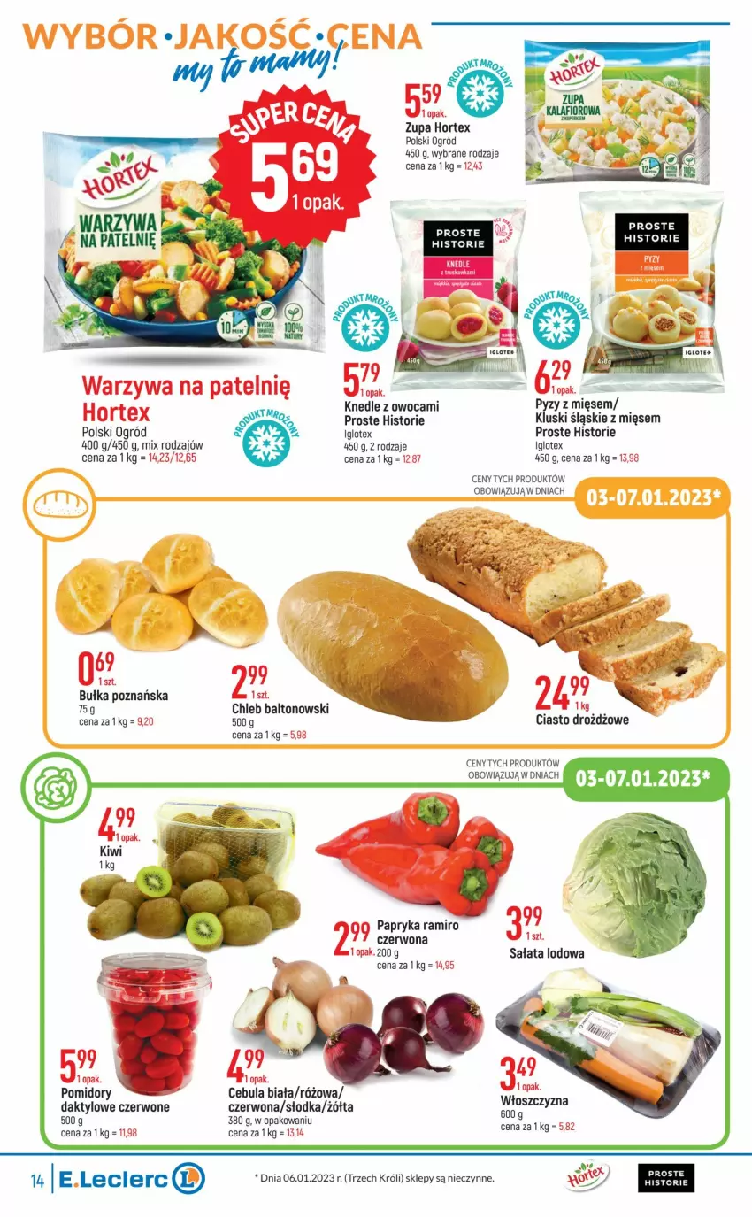 Gazetka promocyjna E Leclerc - ważna 03.01 do 14.01.2023 - strona 14 - produkty: Bułka, Cebula, Cebula biała, Chleb, Hortex, Knedle, Ogród, Papryka, Sałat, Sałata lodowa, Zupa