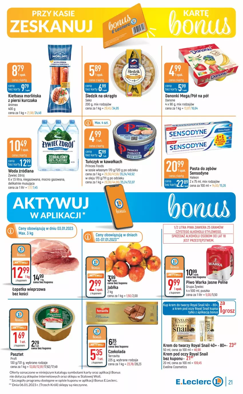 Gazetka promocyjna E Leclerc - ważna 03.01 do 14.01.2023 - strona 21 - produkty: Czekolada, Danone, Danonki, Eveline, Gra, Jabłka, Kawa, Kiełbasa, Krem do twarzy, Krem pod oczy, Kurczak, LANA, Leon, Mus, Olej, Pasta do zębów, Pasztet, Piwo, SEKO, Sensodyne, Sos, Tuńczyk, Warka, Woda