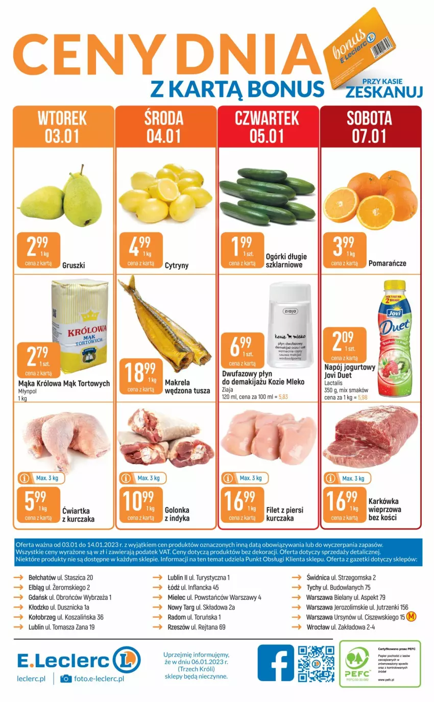 Gazetka promocyjna E Leclerc - ważna 03.01 do 14.01.2023 - strona 24 - produkty: Cytryny, Fa, Gruszki, Jogurt, Kosz, Kurczak, Mąka, Makijaż, Mleko, Napój, Napój jogurtowy, Papier, Pomarańcze, Szal, Tusz, Ziaja