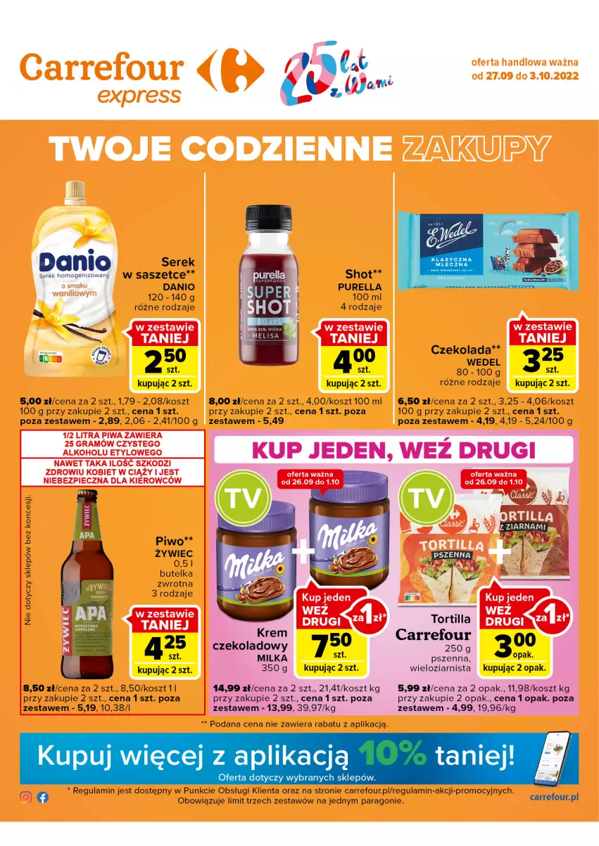 Gazetka promocyjna Carrefour - Gazetka Express - ważna 27.09 do 03.10.2022 - strona 1 - produkty: Czekolada, Danio, Kosz, Milka, Piwo, Pur, Ser, Serek, Serek homogenizowany, Tortilla