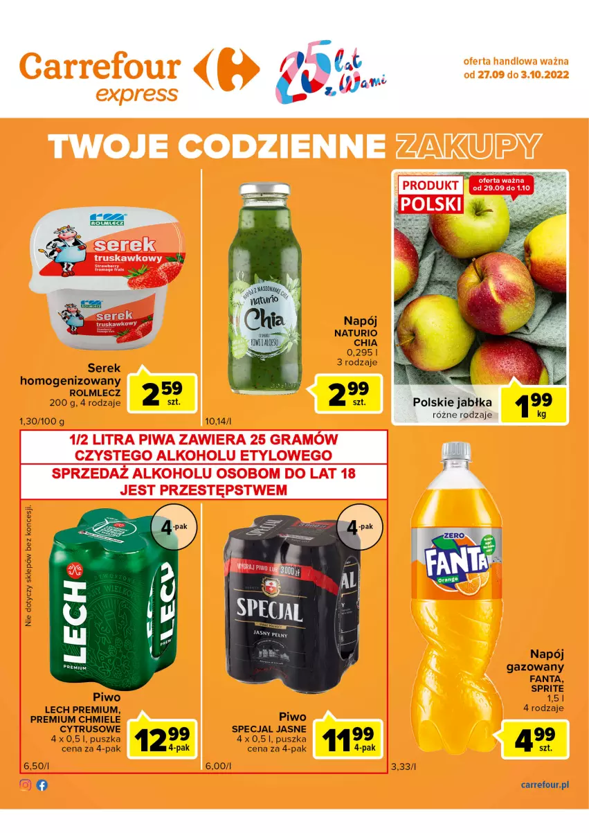 Gazetka promocyjna Carrefour - Gazetka Express - ważna 27.09 do 03.10.2022 - strona 2 - produkty: Chia, Fa, Fanta, Jabłka, Lech Premium, Napój, Napój gazowany, Piwo, Rolmlecz, Ser, Serek, Serek homogenizowany, Sprite