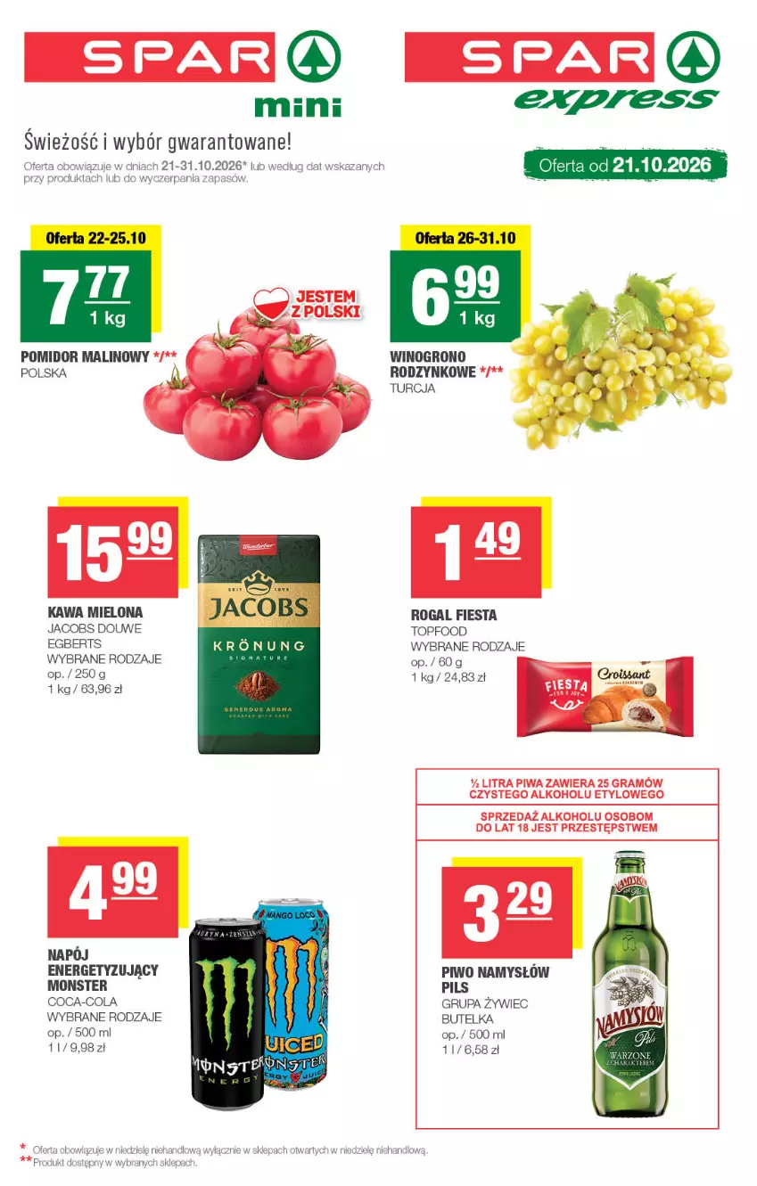Gazetka promocyjna Spar - Spar-Mini - ważna 21.10 do 01.11.2026 - strona 1 - produkty: Coca-Cola, Gra, Jacobs, Kawa, Kawa mielona, Namysłów, Napój, Piwa, Piwo, Pomidor malinowy, Rogal, Top, Wino