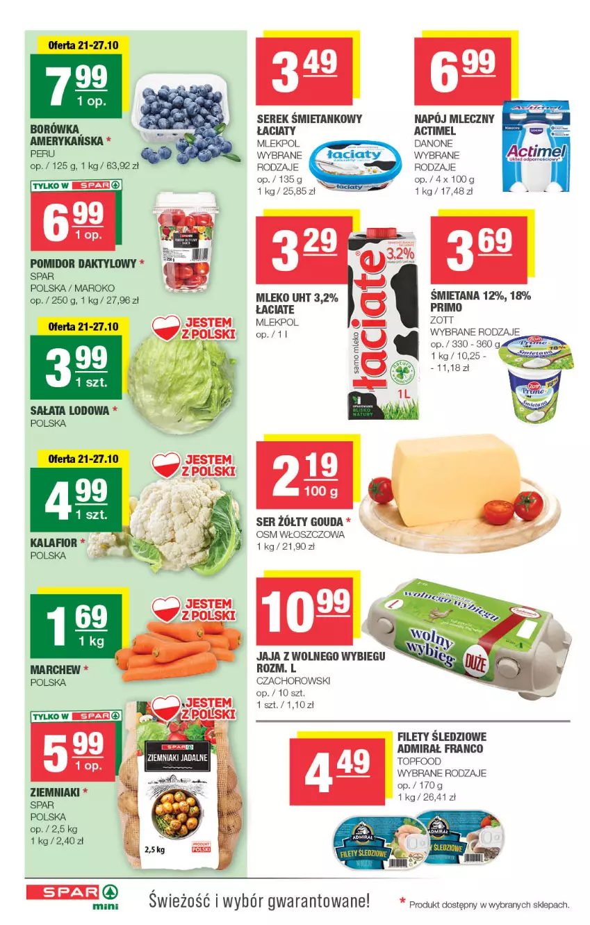 Gazetka promocyjna Spar - Spar-Mini - ważna 21.10 do 01.11.2026 - strona 2 - produkty: Actimel, Borówka, Danone, Gouda, Jaja, Jaja z wolnego wybiegu, Kalafior, Mleko, Sałat, Sałata lodowa, Ser, Serek, Top, Ziemniaki, Zott