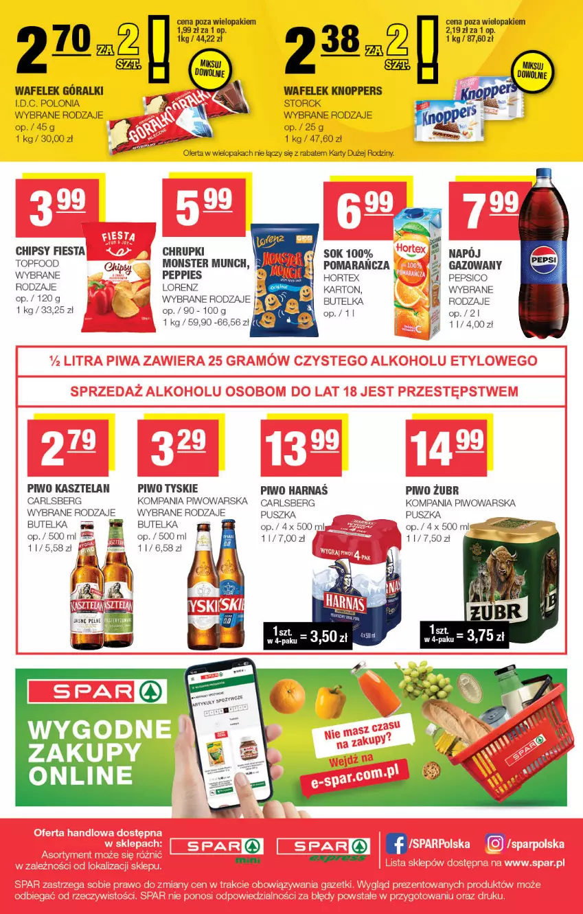 Gazetka promocyjna Spar - Spar-Mini - ważna 21.10 do 01.11.2026 - strona 4 - produkty: Carlsberg, Chipsy, Chrupki, Góralki, Harnaś, Hortex, Kasztelan, Knoppers, Lorenz, Monster Munch, Napój, Pepsi, Piwo, Sok, Top, Tyskie, Wafelek