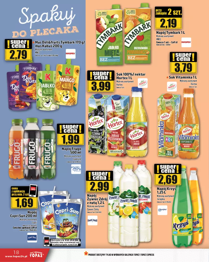 Gazetka promocyjna Topaz - Gazetka - ważna 01.02 do 07.02.2024 - strona 18 - produkty: Hortex, Inka, Mus, Napój, Nektar, Ser, Sok, Top, Tymbark