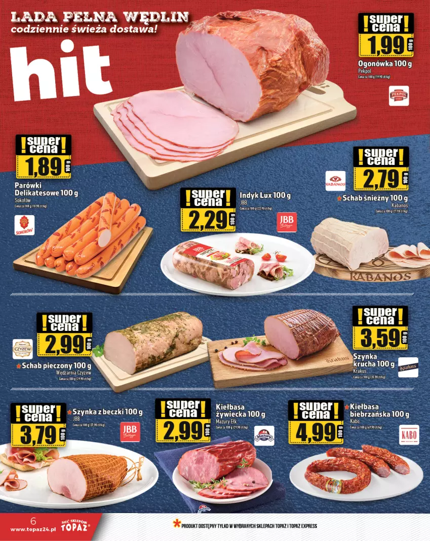 Gazetka promocyjna Topaz - Gazetka - ważna 01.02 do 07.02.2024 - strona 6 - produkty: Kiełbasa, Ogonówka, Szynka, Top, Wino