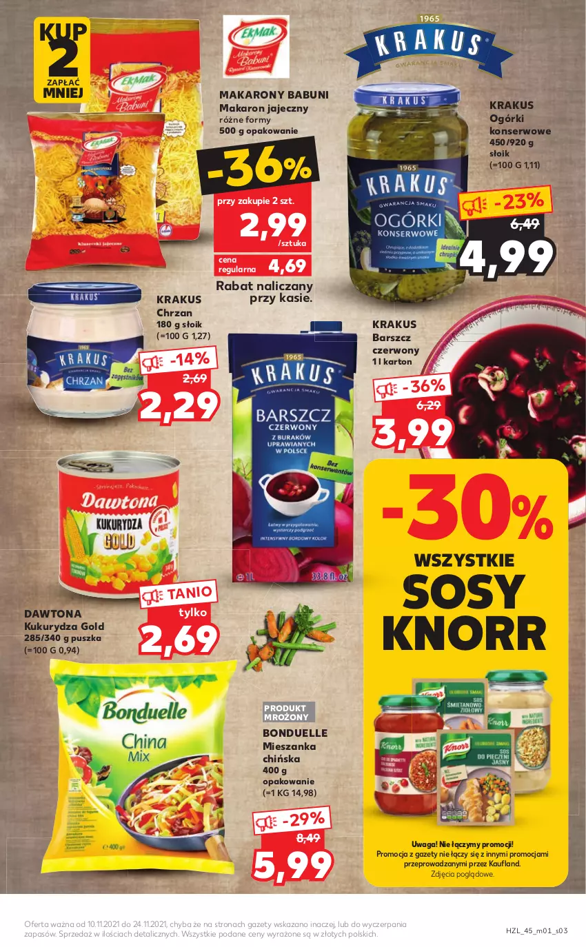 Gazetka promocyjna Kaufland - Oferta specjalna - ważna 10.11 do 24.11.2021 - strona 3 - produkty: Babuni, Bonduelle, Chrzan, Dawtona, Knorr, Krakus, Kukurydza, Makaron, Ogórki konserwowe, Ser, Sos, Waga