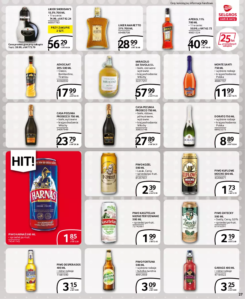 Gazetka promocyjna Selgros - Extra Oferta - ważna 30.06 do 13.07.2022 - strona 27 - produkty: Advocaat, Aperol, Desperados, Fortuna, Harnaś, Kasztelan, Kozel, Likier, Monte, Monte Santi, Piwo, Prosecco