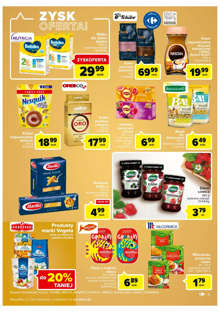 Gazetka promocyjna Carrefour - Gazetka Szalona 5 Carrefour Suwałki - ważna 16.08 do 28.08.2022 - strona 9 - produkty: Bakalland, Barilla, BIC, Davidoff, Dzieci, Fa, Gra, Graal, Herbata, Kamis, Kawa, Kawa ziarnista, Lack, Lipton, Makaron, Nesquik, Pizza, Podravka, Tchibo, Vegeta