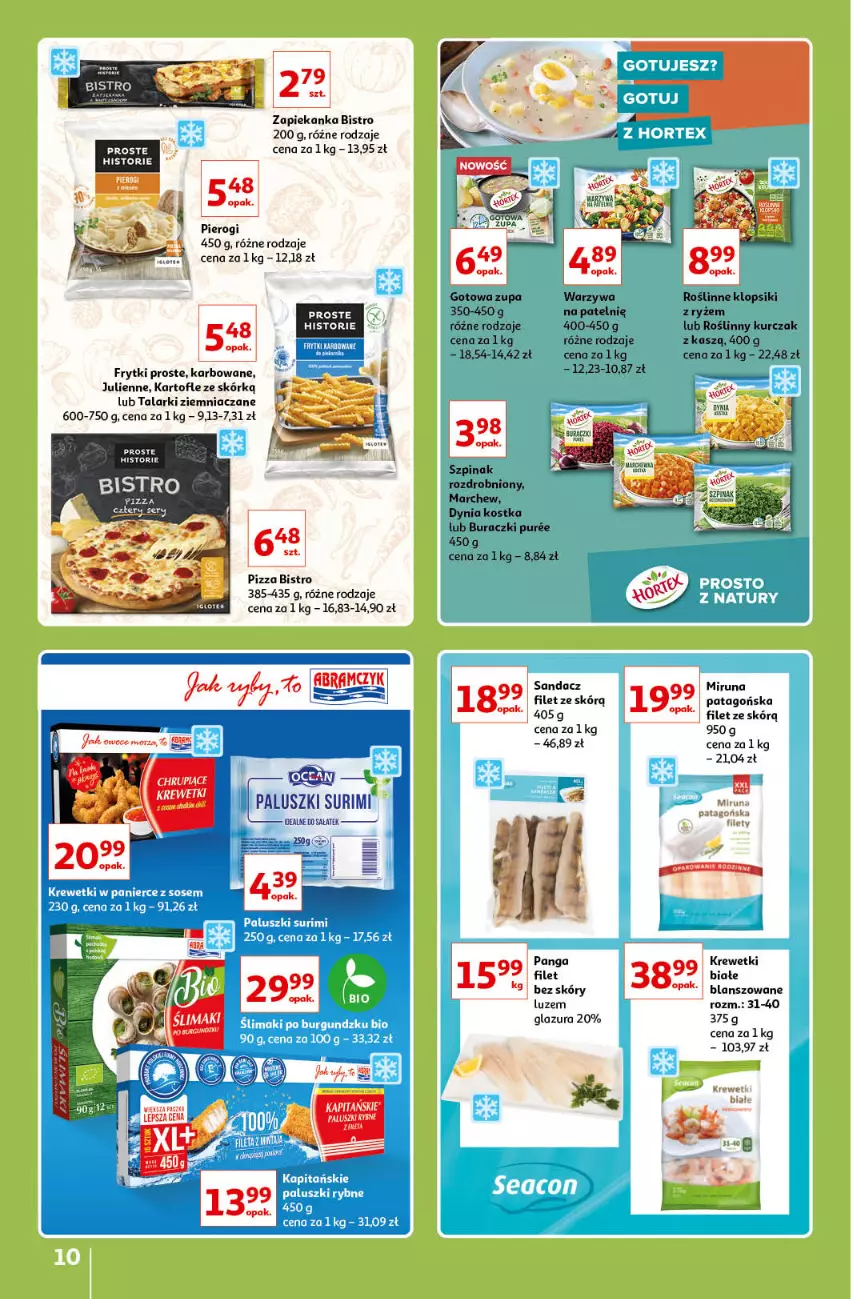 Gazetka promocyjna Auchan - Znane lubiane Marki Hipermarkety - ważna 31.03 do 06.04.2022 - strona 10 - produkty: Buraczki, Fa, Frytki, Glazura, Klopsiki, Krewetki, Kurczak, Lazur, Miruna, Paluszki rybne, Panga, Pierogi, Pizza, Pur, Ryż, Sandacz, Sos, Surimi, Szpinak, Tago, Zapiekanka