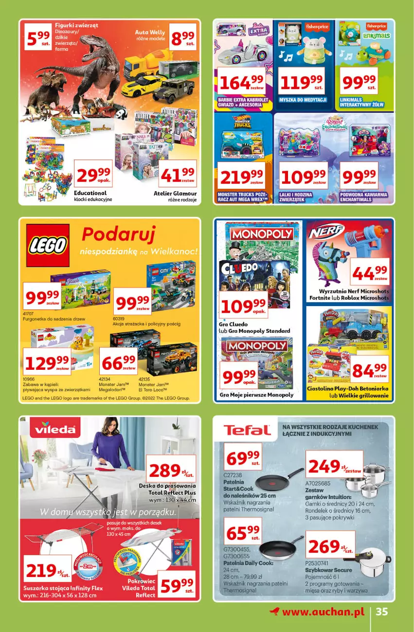 Gazetka promocyjna Auchan - Znane lubiane Marki Hipermarkety - ważna 31.03 do 06.04.2022 - strona 35 - produkty: Deska do prasowania, Dinozaur, Ducati, Gra, Grill, Klocki, LEGO, Monopoly, Monster truck, Patelnia, Play-Doh, Rondel, Suszarka, Szybkowar, Urgo, Vileda, Warzywa