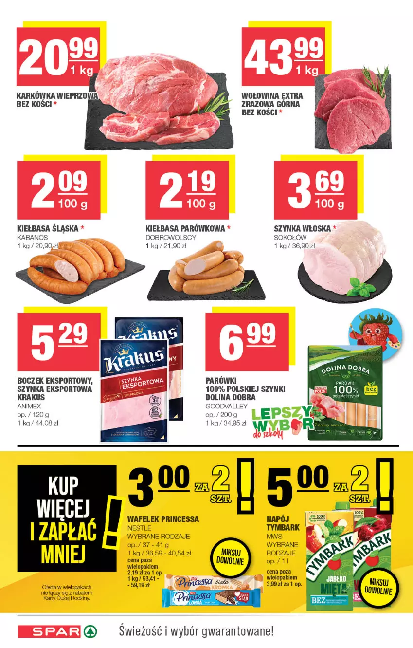 Gazetka promocyjna Spar - Spar - ważna 08.09 do 18.09.2024 - strona 4 - produkty: Boczek, Kabanos, Karkówka wieprzowa, Kiełbasa, Kiełbasa śląska, Krakus, Parówki, Por, Princessa, Sok, Sokołów, Sport, Szynka, Wafelek, Wołowina