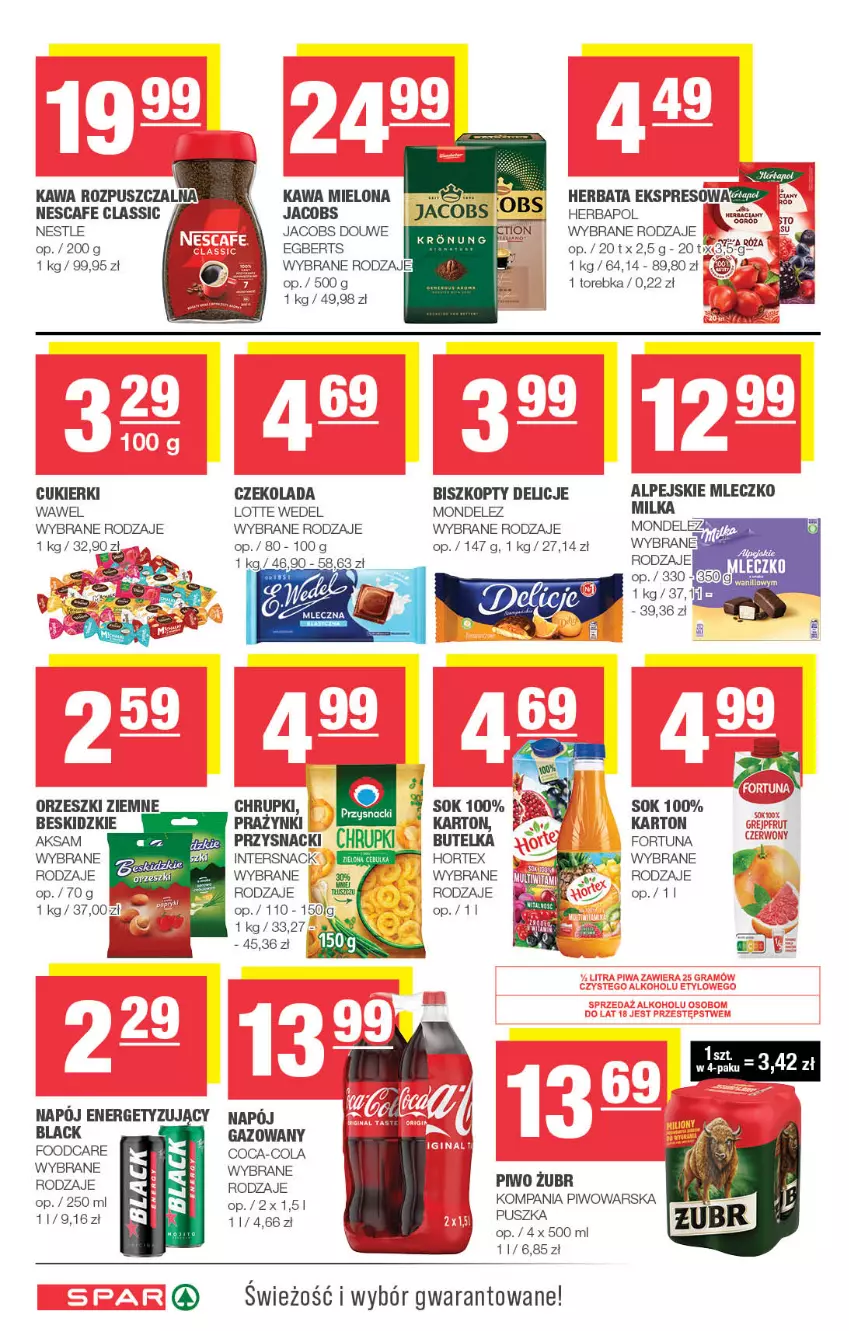 Gazetka promocyjna Spar - Spar - ważna 08.09 do 18.09.2024 - strona 6 - produkty: Aksam, Beskidzki, Biszkopty, Chrupki, Coca-Cola, Cukier, Cukierki, Czekolada, Delicje, Fortuna, Herbapol, Herbata, Hortex, Jacobs, Kawa, Kawa mielona, Kawa rozpuszczalna, Lack, Milka, Mleczko, Napój, Orzeszki, Orzeszki ziemne, Piwo, Przysnacki, Sok, Torebka, Wawel