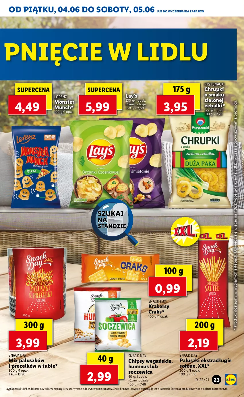 Gazetka promocyjna Lidl - GAZETKA - ważna 04.06 do 05.06.2021 - strona 23 - produkty: Chipsy, Chrupki, Hummus, Krakersy, Lay’s, Lorenz, Monster Munch, Mus, Przysnacki