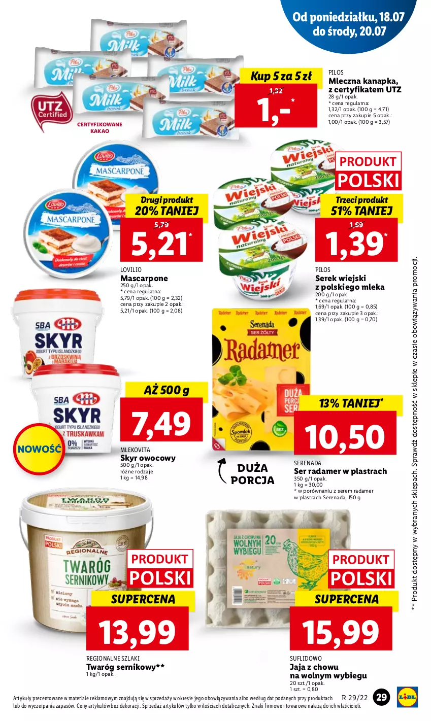 Gazetka promocyjna Lidl - GAZETKA - ważna 18.07 do 20.07.2022 - strona 29 - produkty: Jaja, Kakao, Lovi, Mascarpone, Mleczna kanapka, Mleko, Mlekovita, Pilos, Por, Radamer, Ser, Serek, Serek wiejski, Twaróg