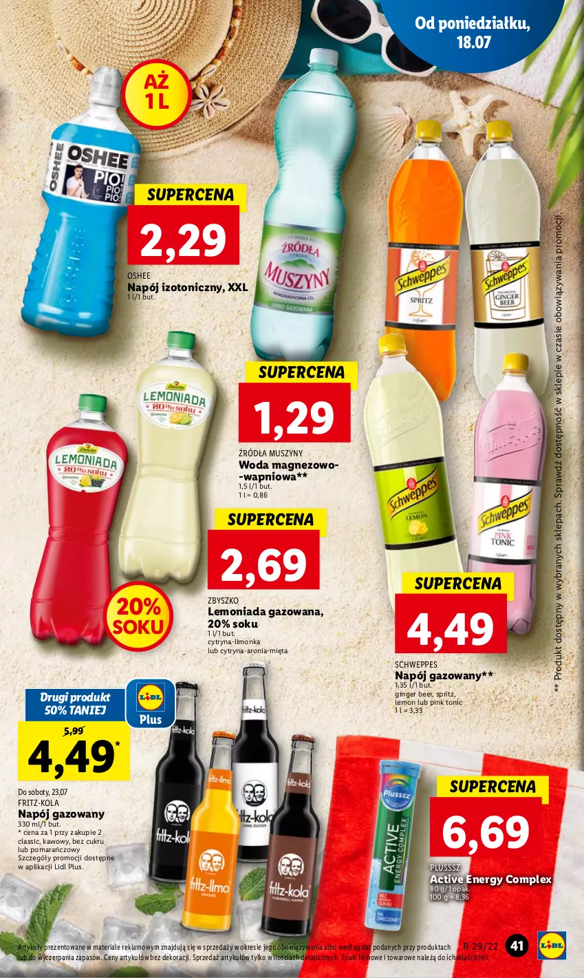 Gazetka promocyjna Lidl - GAZETKA - ważna 18.07 do 20.07.2022 - strona 41 - produkty: Aronia, Gin, Lemoniada, Limonka, Magnez, Mięta, Mus, Napój, Napój gazowany, Napój izotoniczny, Oshee, Schweppes, Sok, Szyny, Woda