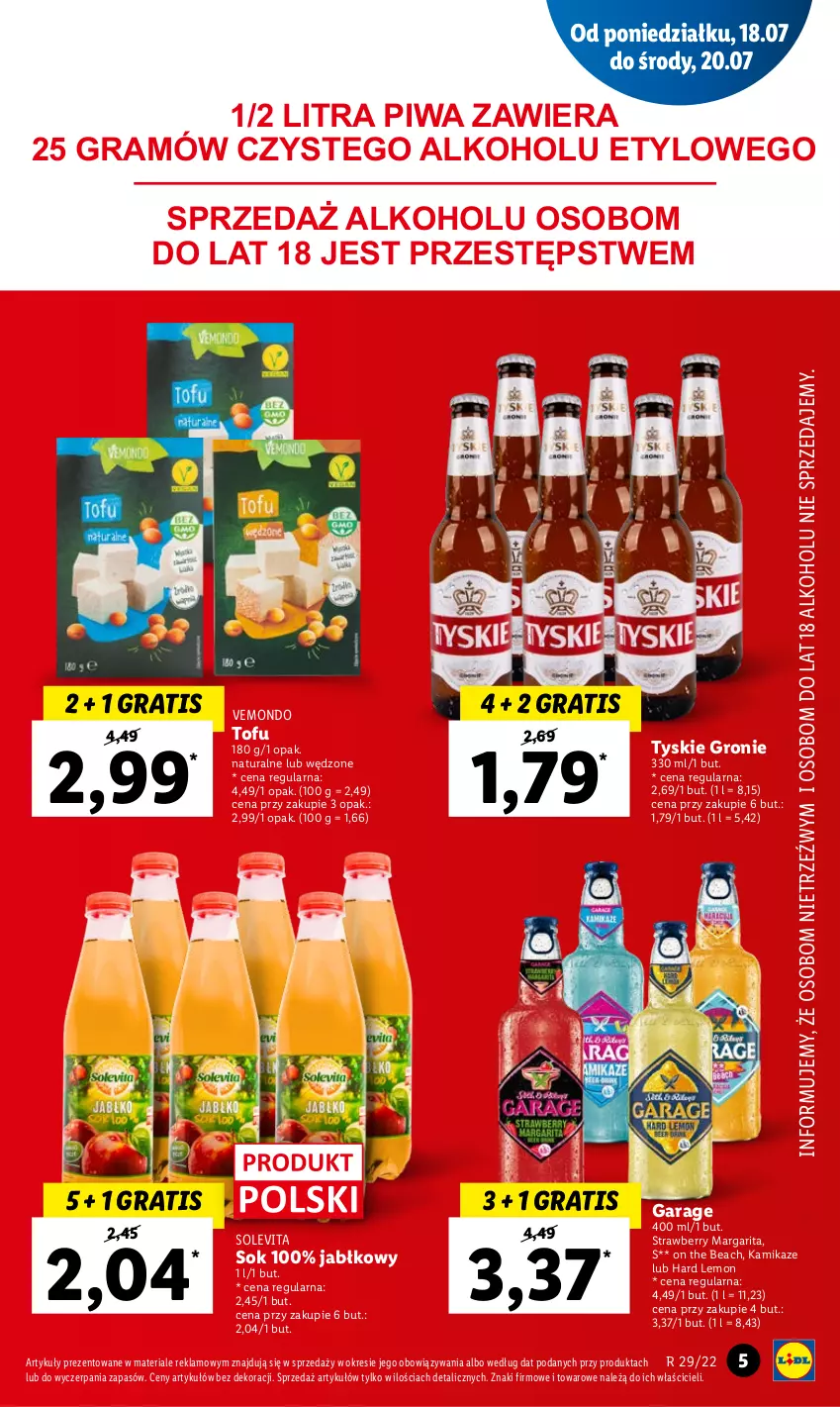 Gazetka promocyjna Lidl - GAZETKA - ważna 18.07 do 20.07.2022 - strona 5 - produkty: Gra, Piwa, Sok, Tofu, Tyskie