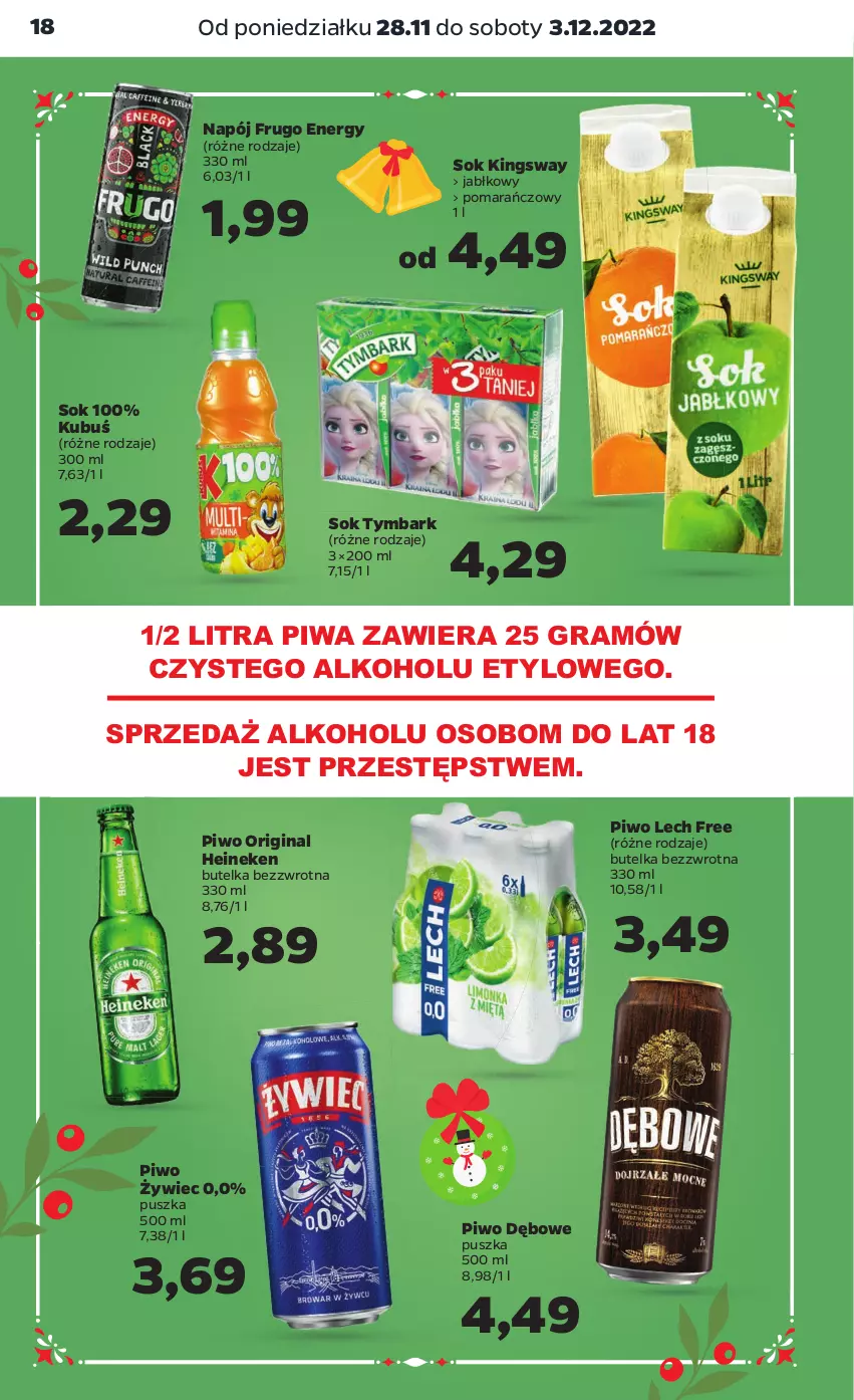 Gazetka promocyjna Netto - Artykuły spożywcze - ważna 28.11 do 03.12.2022 - strona 18 - produkty: Gin, Gra, Heineken, Kubuś, Napój, Piwa, Piwo, Sok, Tymbark