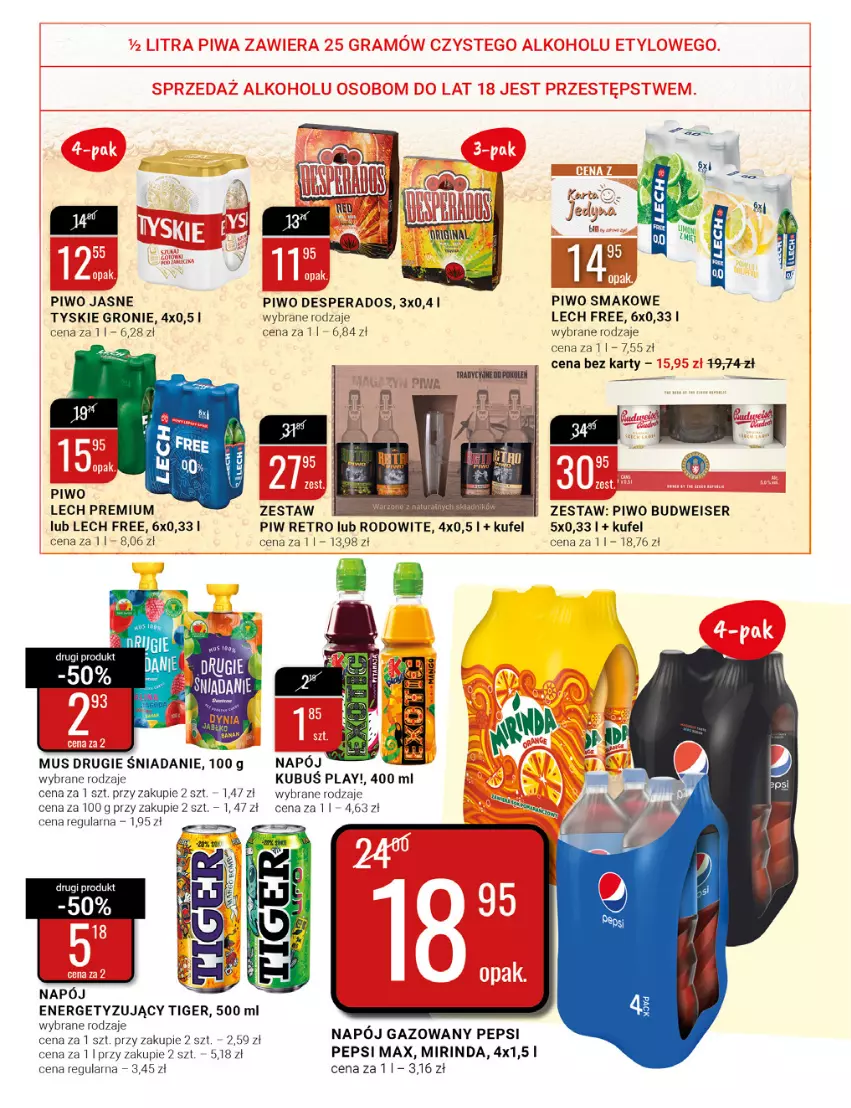 Gazetka promocyjna Bi1 - Lato w pełni - ważna 22.06 do 28.06.2022 - strona 15 - produkty: Desperados, Kubuś, Lech Premium, Mirinda, Mus, Napój, Pepsi, Pepsi max, Piwa, Piwo, Piwo jasne, Ser, Tiger, Tyskie