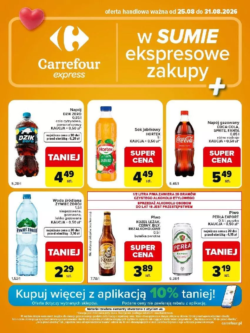 Gazetka promocyjna Carrefour - Gazetka Express w SUMIE ekspresowe zakupy - ważna 25.08 do 31.08.2026 - strona 1 - produkty: Coca-Cola, Fa, Fanta, Gra, Hortex, LANA, Napój, Napój gazowany, Perła, Piwa, Por, Sok, Sok jabłkowy, Sprite, Woda