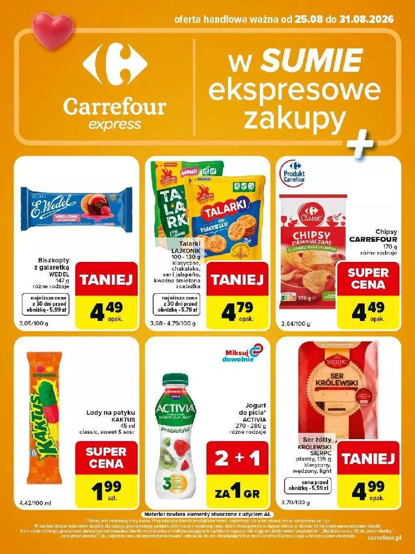 Gazetka promocyjna Carrefour - Gazetka Express w SUMIE ekspresowe zakupy - ważna 25.08 do 31.08.2026 - strona 2 - produkty: Activia, Biszkopty, Chipsy, Fa, Gala, Jogurt, Królewski, Lody, Ser