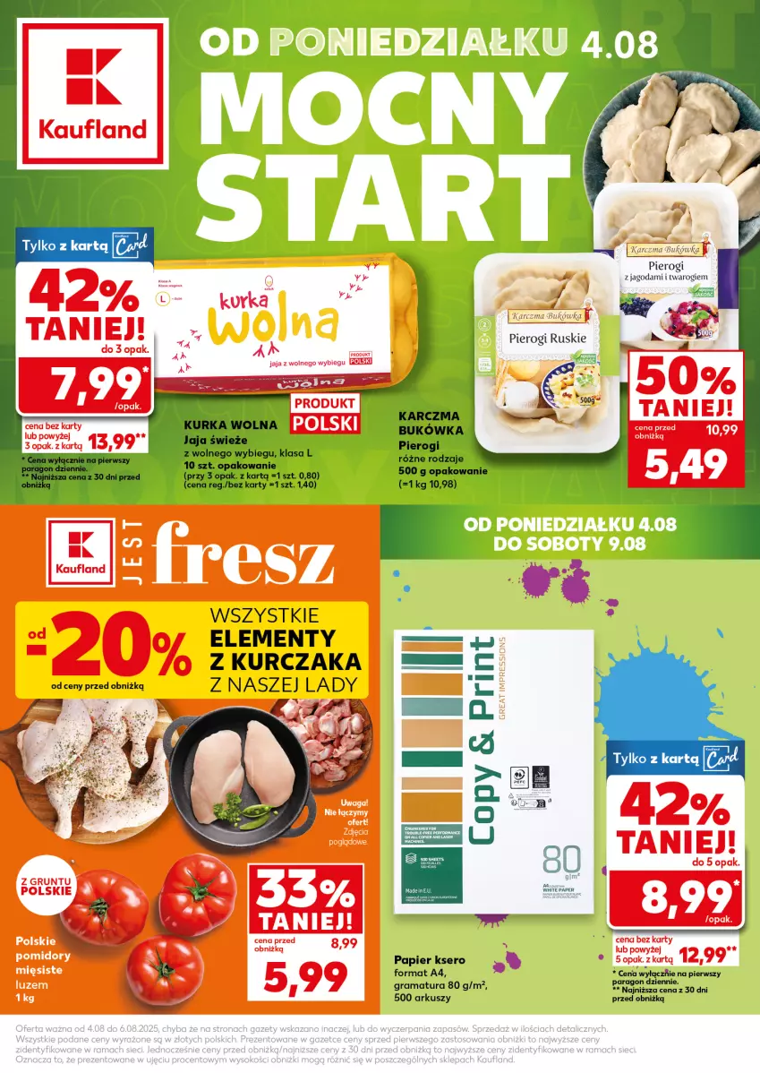 Gazetka promocyjna Kaufland - Mocny Start - ważna 04.08 do 06.08.2025 - strona 1 - produkty: Gra, Grunt, Jaja, Jaja z wolnego wybiegu, Kurczak, Papier, Pierogi, Rama, Ser