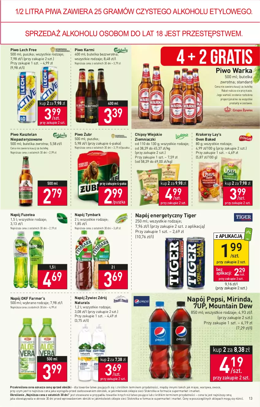 Gazetka promocyjna Stokrotka - Supermarket - ważna 29.06 do 05.07.2023 - strona 14 - produkty: 7up, Chipsy, Fa, Gra, Karmi, Kasztelan, Krakersy, Lay’s, Mięso, Mirinda, Napój, Napój energetyczny, Owoce, Pepsi, Piwa, Piwo, Por, Tiger, Tymbark, Warka, Warzywa