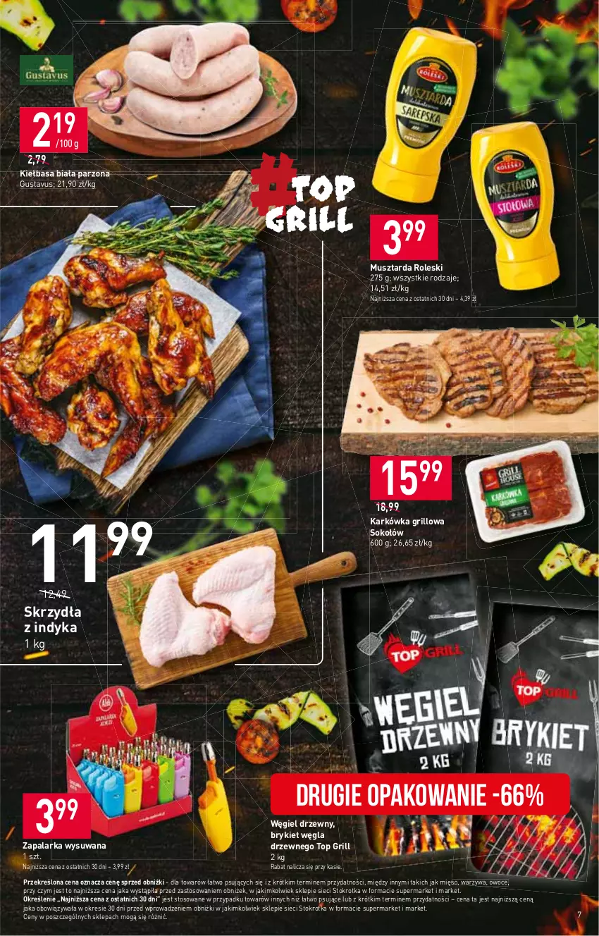 Gazetka promocyjna Stokrotka - Supermarket - ważna 29.06 do 05.07.2023 - strona 7 - produkty: Grill, Kiełbasa, Kiełbasa biała, Mięso, Mus, Musztarda, Owoce, Sok, Sokołów, Top, Warzywa, Węgiel drzewny, Zapalarka