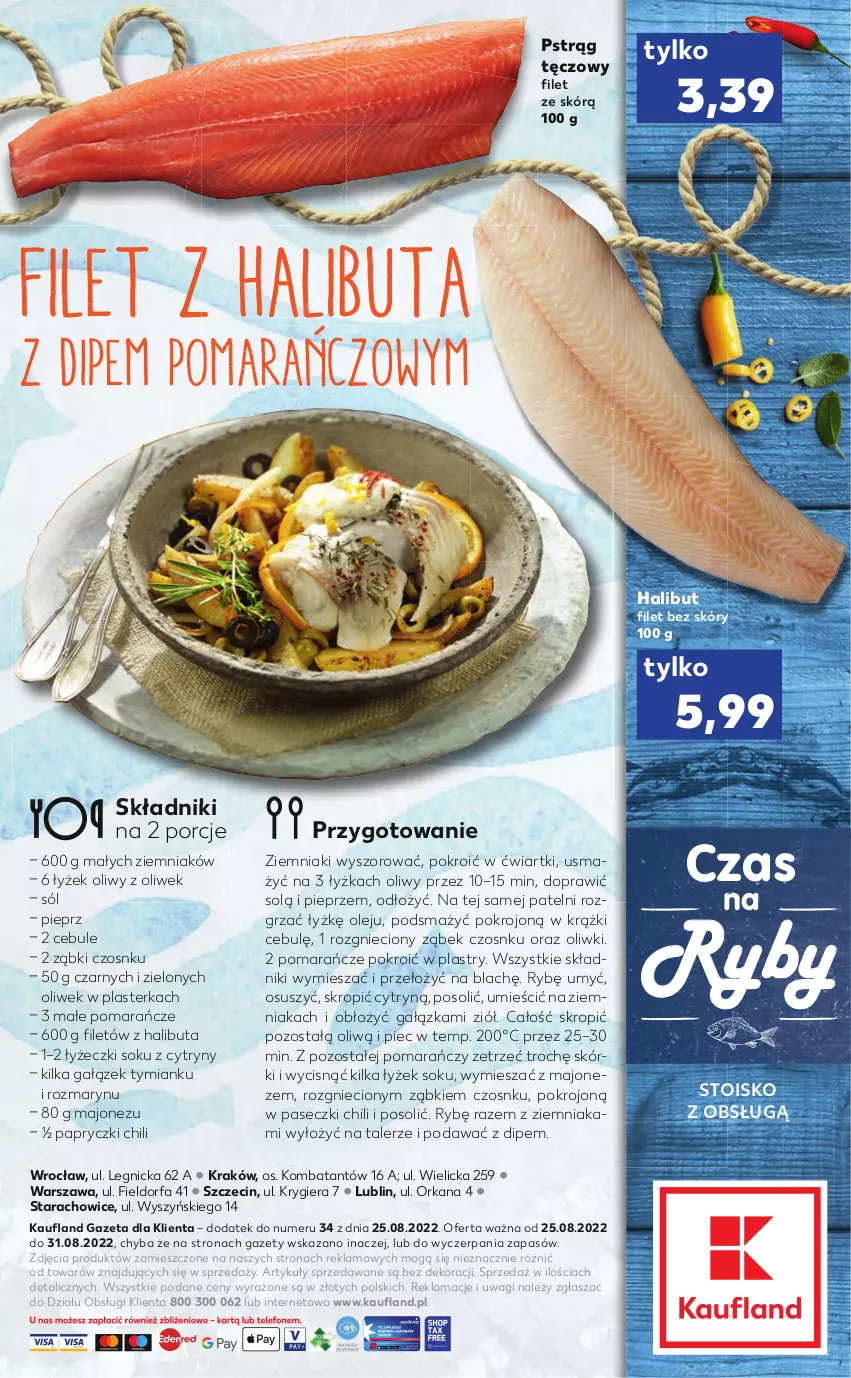 Gazetka promocyjna Kaufland - RYBY - ważna 25.08 do 31.08.2022 - strona 2 - produkty: Cytryny, Fa, Halibut, Majonez, Olej, Oliwki, Orka, Piec, Pieprz, Pomarańcze, Por, Pstrąg, Pstrąg tęczowy, Sok, Sól, Talerz, Wagi, Ziemniaki