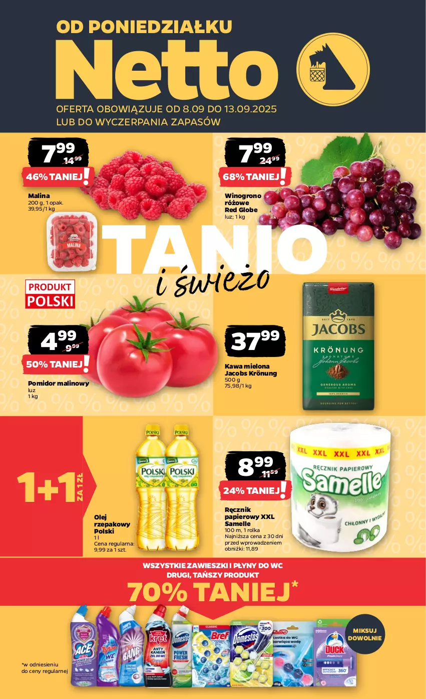 Gazetka promocyjna Netto - Od Poniedziałku - ważna 08.09 do 13.09.2025 - strona 1 - produkty: Jacobs, Jacobs Krönung, Kawa, Kawa mielona, Olej, Olej rzepakowy, Papier, Pomidor malinowy, Ręcznik, Wino, Zawieszki