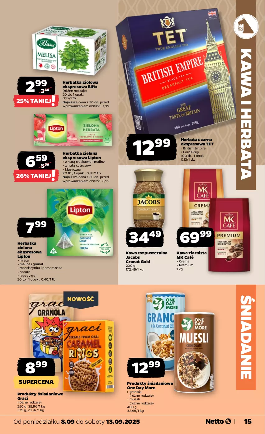 Gazetka promocyjna Netto - Od Poniedziałku - ważna 08.09 do 13.09.2025 - strona 15 - produkty: Brit, Danio, Gra, Granat, Granola, Herbata, Herbata czarna, Jacobs, Jagody, Jagody goji, Kawa, Kawa rozpuszczalna, Kawa ziarnista, Lipton, Maliny, Mięta, Truskawki