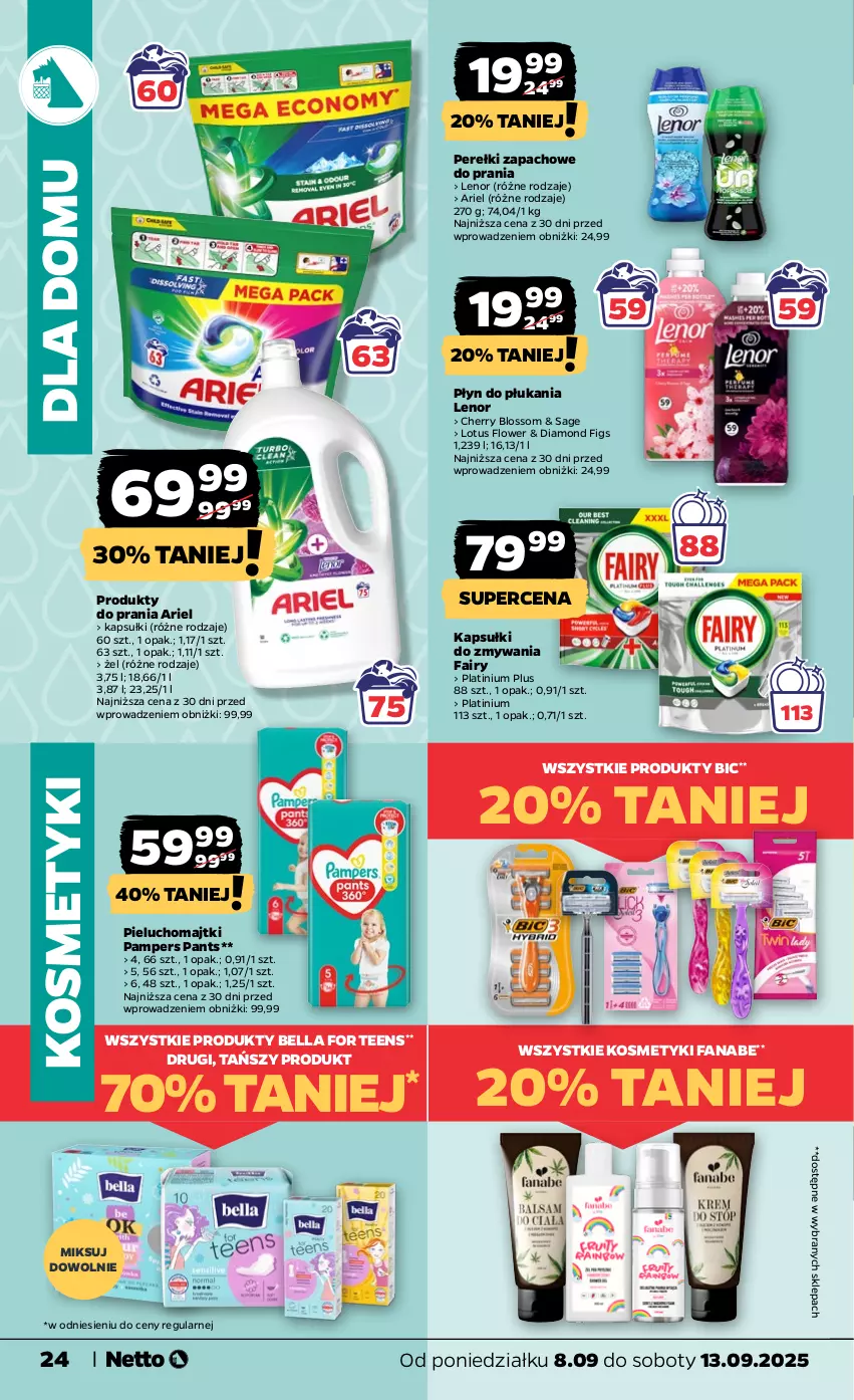 Gazetka promocyjna Netto - Od Poniedziałku - ważna 08.09 do 13.09.2025 - strona 24 - produkty: Ariel, Bell, Bella, BIC, Fa, Fairy, Lenor, Majtki, Pampers, Perełki zapachowe, Pieluchomajtki, Płyn do płukania