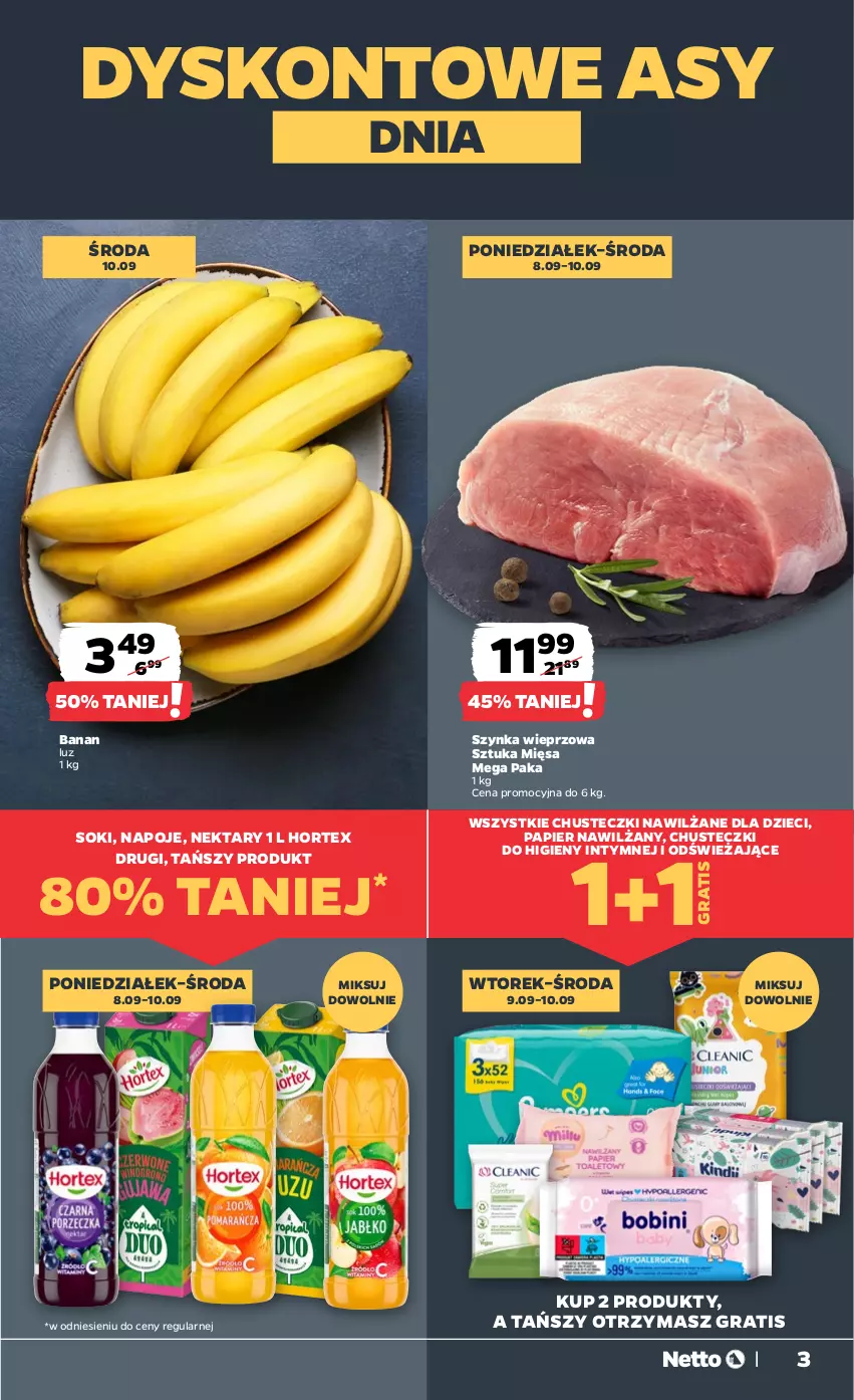 Gazetka promocyjna Netto - Od Poniedziałku - ważna 08.09 do 13.09.2025 - strona 3 - produkty: Chusteczki, Chusteczki do higieny, Dzieci, Gra, Hortex, Napoje, Nektar, Papier, Sok, Szynka, Szynka wieprzowa